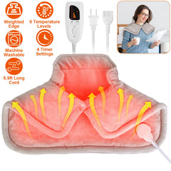 Large Weighted Heating Pad for Neck & Shoulders - Electric Fast Heating Mat | Pain Relief with 6 Temperature Settings