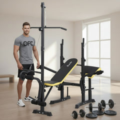 Black and yellow weight bench with pull-up bar on a gradient background