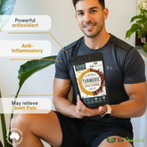 Men holding a supplement package with health benefits highlighted on a white background