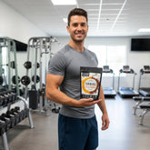 Woman holding a supplement package with health benefits highlighted, sitting outdoors.