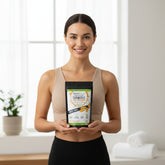 Turmeric supplement packaging with black pepper on a white background