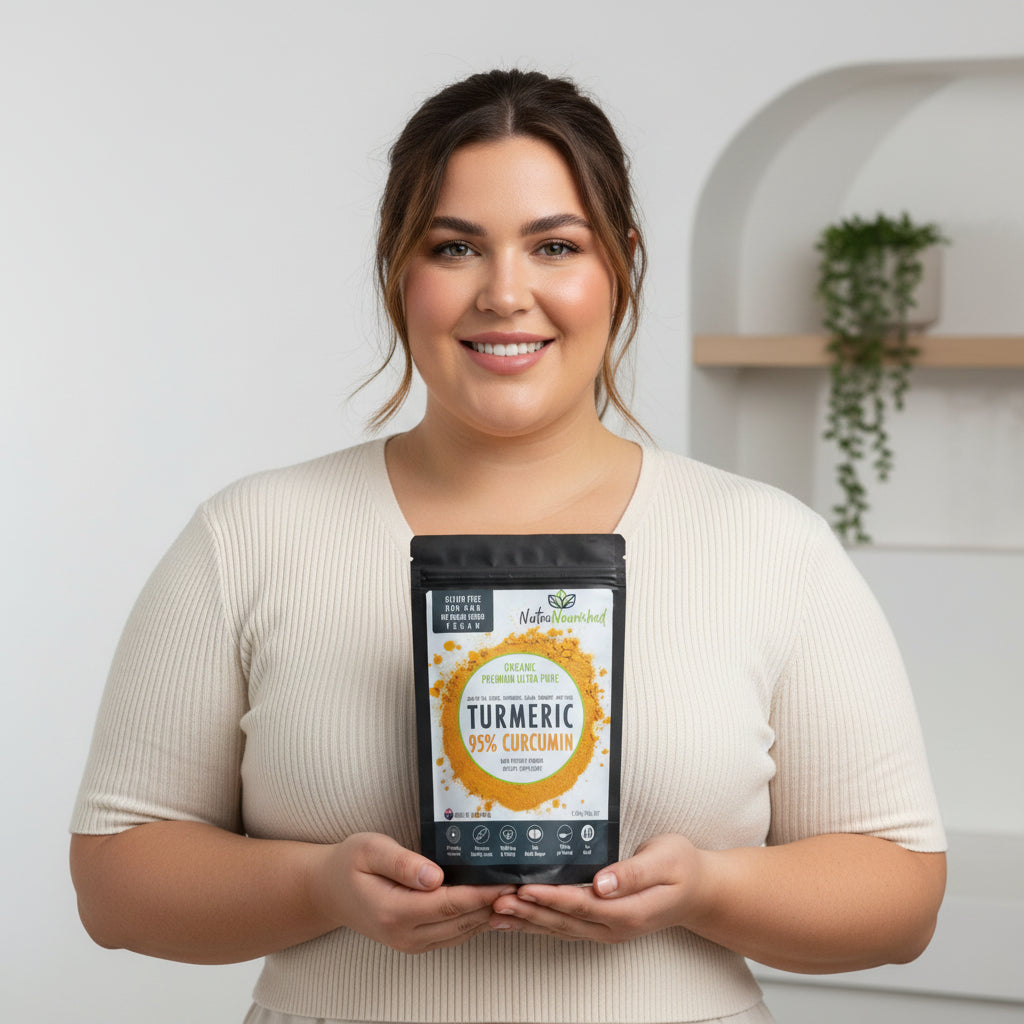 Nutra Nourished turmeric powder packaging on a white background