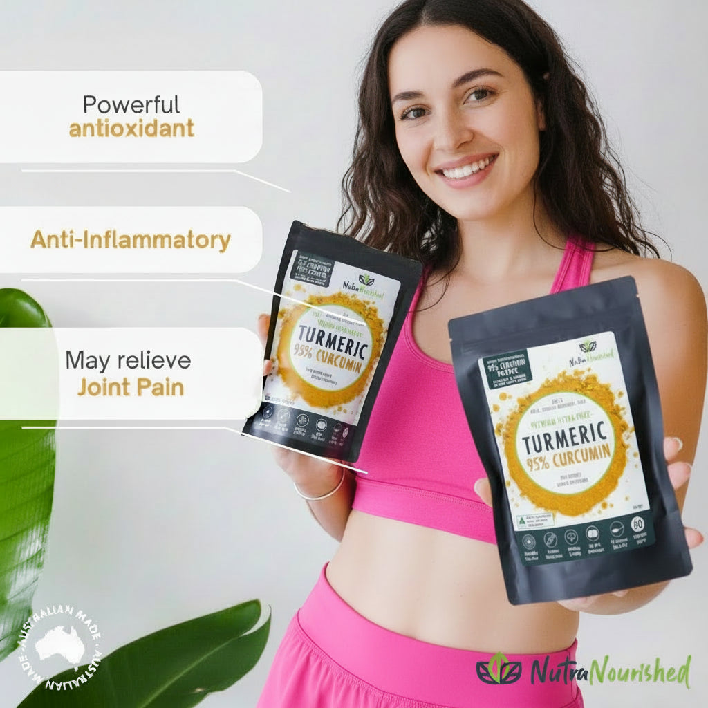 Woman holding packages of NutraNourished Turmeric 95% Curcumin with health benefits text.