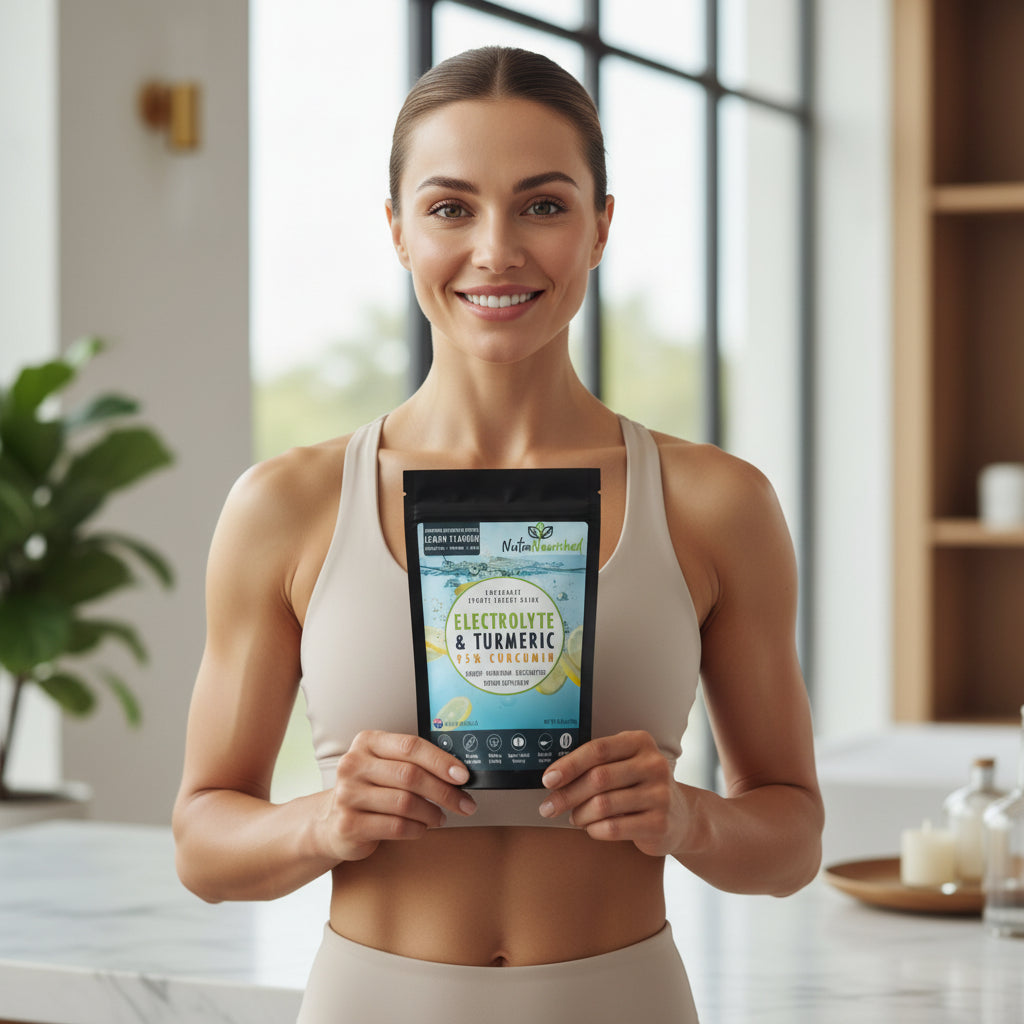 Electrolyte and turmeric supplement package with lemon flavor on a white background