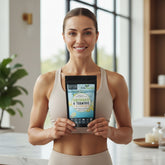 Electrolyte and turmeric supplement package with lemon flavor on a white background