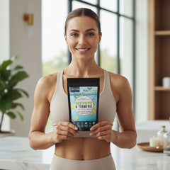 Electrolyte and turmeric supplement package with lemon flavor on a white background