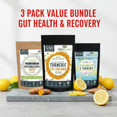 Three packages of NutraNourished gut health products on a white background with promotional text.