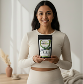 Nutritional supplement package with organic moringa on a white background