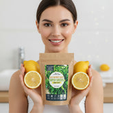 Super greens powder package with a brown bag and green label on a white background