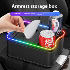Orange Car Armrest Storage Box with LED Ambient Light - Multifunctional Tissue Holder & Organizer for Car Interior