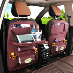 Leather Car Backseat Organizer with Foldable Tray Table & Trash Bag - Multi-functional Car Storage Solution