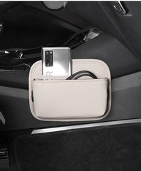 Beige PU Leather Car Storage Organizer with Dual Charging Holes and Inner Mesh Pocket, Multi-functional Door Handle Hanging Bag for Phones and Accessories, Lightweight and Durable