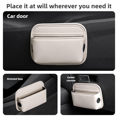 Beige PU Leather Car Storage Organizer with Dual Charging Holes and Inner Mesh Pocket, Multi-functional Door Handle Hanging Bag for Phones and Accessories, Lightweight and Durable