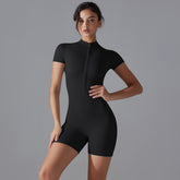 Black Size M Women's Summer Zip-Up Bodysuit - Short Sleeve, High Stretch Yoga & Dance Outfit, Breathable Fitness Wear
