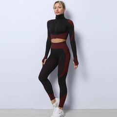 Black+Red High Waist Yoga Set for Women - Sports Bra, Long Sleeve Shirt & Leggings 3-Piece Workout Set Size M