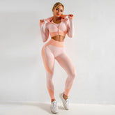 Pink High Waist Yoga Set for Women - Sports Bra, Long Sleeve Shirt & Leggings 3-Piece Workout Set Size L
