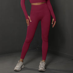 Size L Claret Red Seamless High-Waisted Yoga Pants for Women - Lift Workout Leggings for Running, Gym, and Fitness