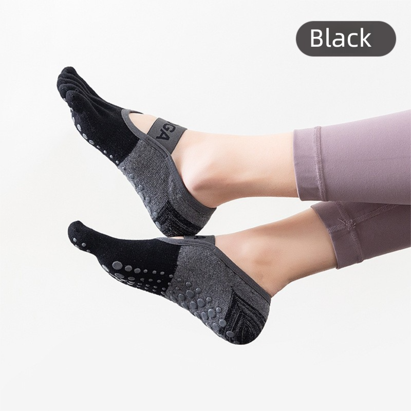3-PCS Black Anti-Slip Yoga Socks 5 Toe Low Cut Grips Cotton Pilates Socks Breathable for Women Fitness Dance Barre and Home Workout