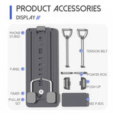 Grey Multi-functional Core Training Board with Digital Timer and Resistance Bands Foldable Fitness Panel for Home Abdominal and Pilates Workouts Solution