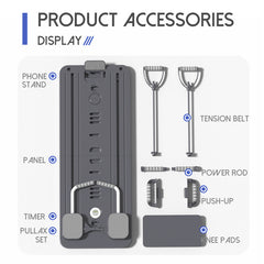 Grey Multi-functional Core Training Board with Digital Timer and Resistance Bands Foldable Fitness Panel for Home Abdominal and Pilates Workouts Solution