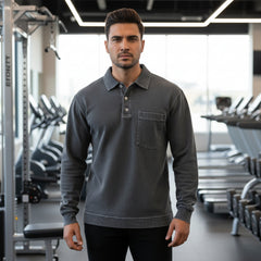 Black Men's Premium Long Sleeve Polo Shirt | Vintage Washed Relaxed Fit | Casual Loose Buttoned Lapel Top