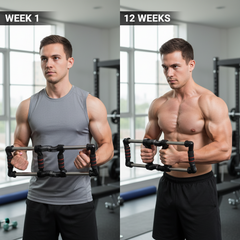 Before and after comparison of a man's physique in a gym setting, labeled 'Week 1' and '12 Weeks'.