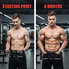 Before and after comparison of a man's physique in a gym setting.