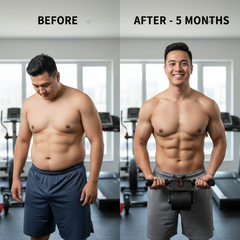 Before and after comparison of a person's fitness transformation in a gym setting.