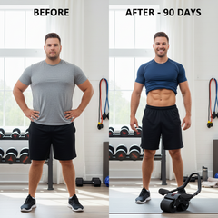 Before and after comparison of a man's fitness transformation in a gym setting.