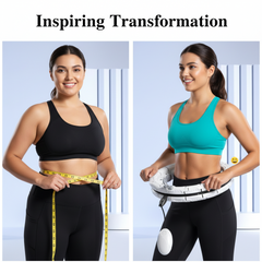 Before and after transformation with white smart weighted hula hoop - curvy woman fitness journey results