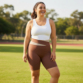 Caramel Color-Block High-Waist Yoga Shorts - Seamless Scrunch Butt Anti-Chafing Workout Shorts