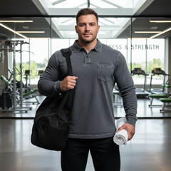 Black Men's Premium Long Sleeve Polo Shirt | Vintage Washed Relaxed Fit | Casual Loose Buttoned Lapel Top