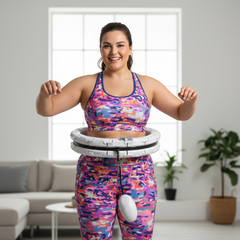 Plus size woman with radiant smile actively using white smart weighted never-fall hula hoop at home