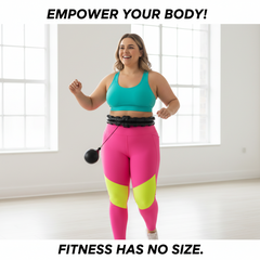 Plus size woman with radiant smile using adjustable weighted hula hoop - fitness for all body types