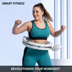 Smart fitness real results - woman using white weighted hula hoop with massage nodes for core training and waist toning