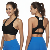 Black Women Sports Bra with Back Phone Pocket Racerback Yoga Crop Top Medium Support Activewear for Running Gym and Fitness