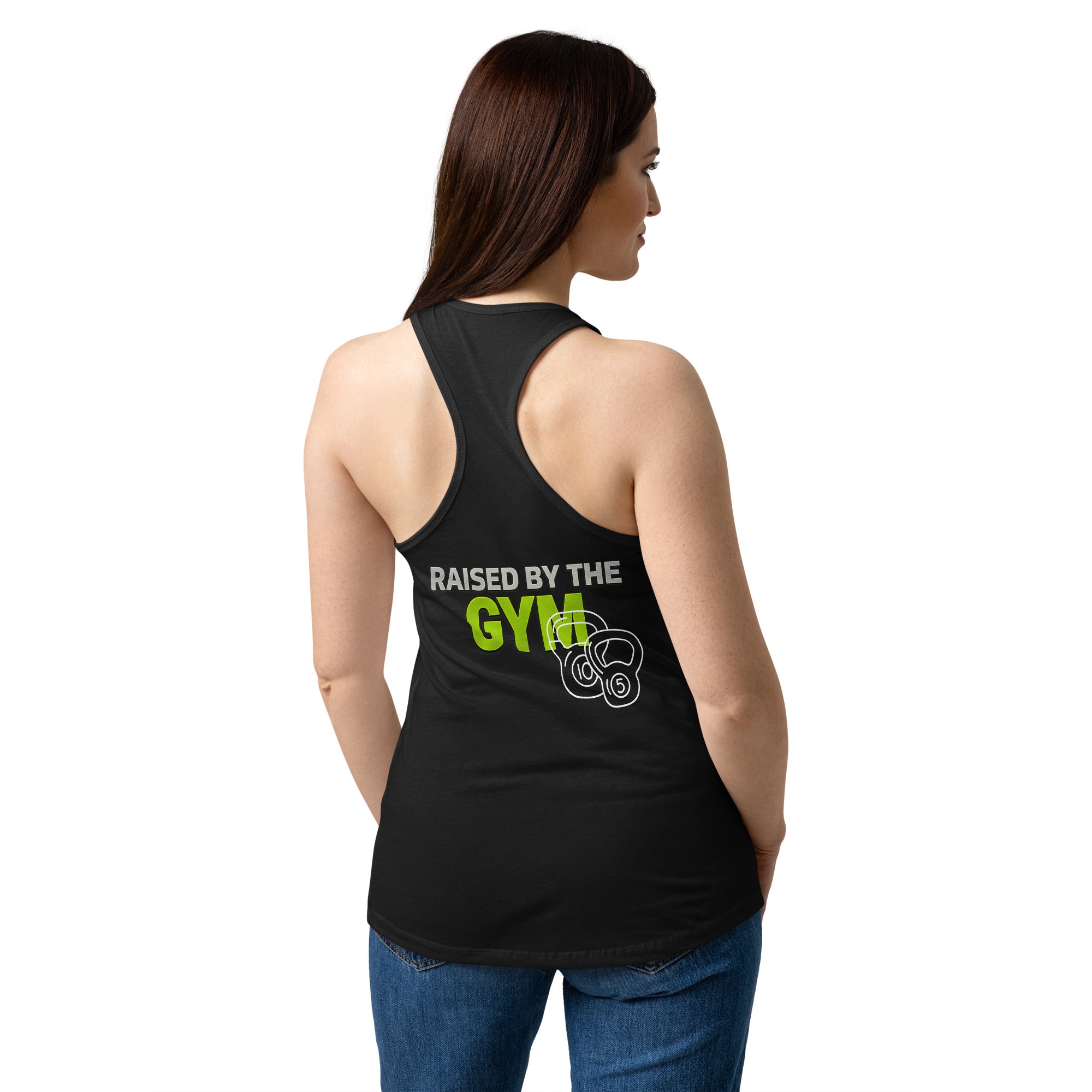 Woman wearing a black tank top with 'You go Girl' text on the back.