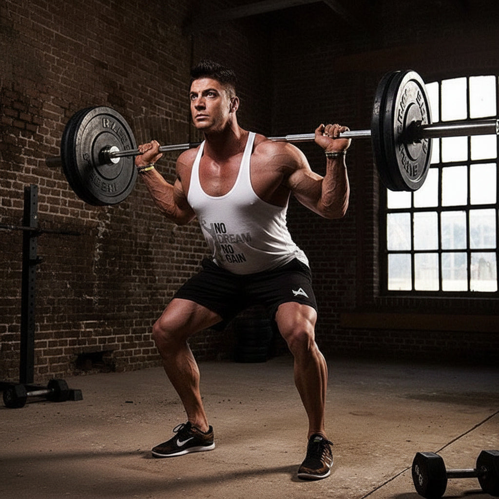 Muscular man wearing a tank top with 'No Cream No Gain' text in an industrial setting.