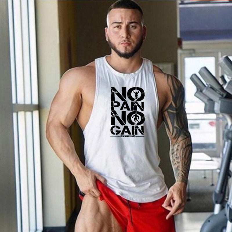 Muscular man wearing a 'No Pain No Gain' tank top in a gym setting