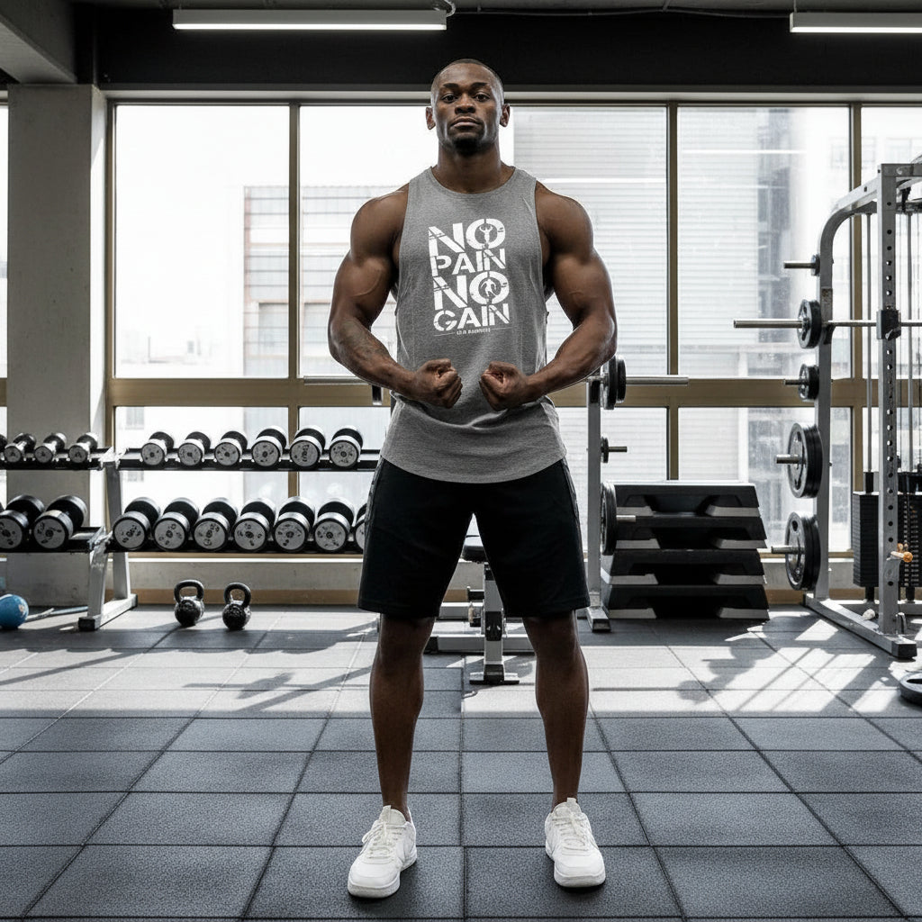 Man wearing a gray tank top with 'No Pain No Gain' text in a gym setting