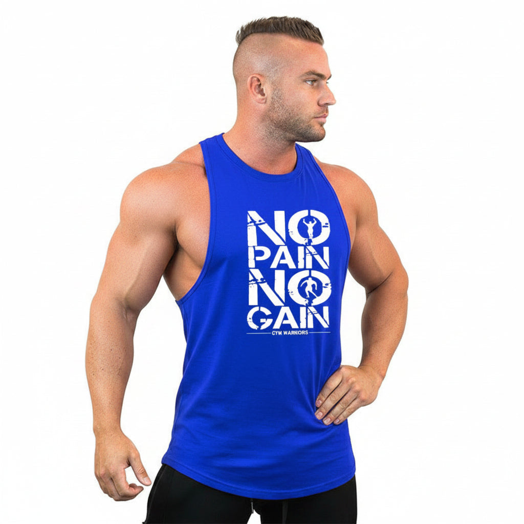 Man wearing a blue tank top with 'No Pain No Gain' text on a white background