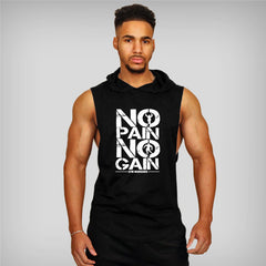 Man wearing a black sleeveless hoodie with 'No Pain No Gain' text on a gray background