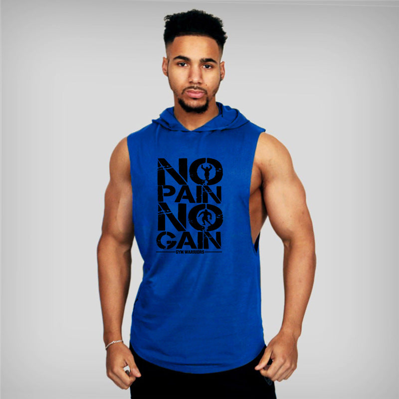 Man wearing a blue sleeveless hoodie with 'No Pain No Gain' text on a gray background