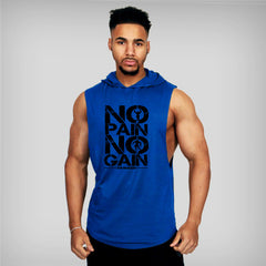 Man wearing a blue sleeveless hoodie with 'No Pain No Gain' text on a gray background