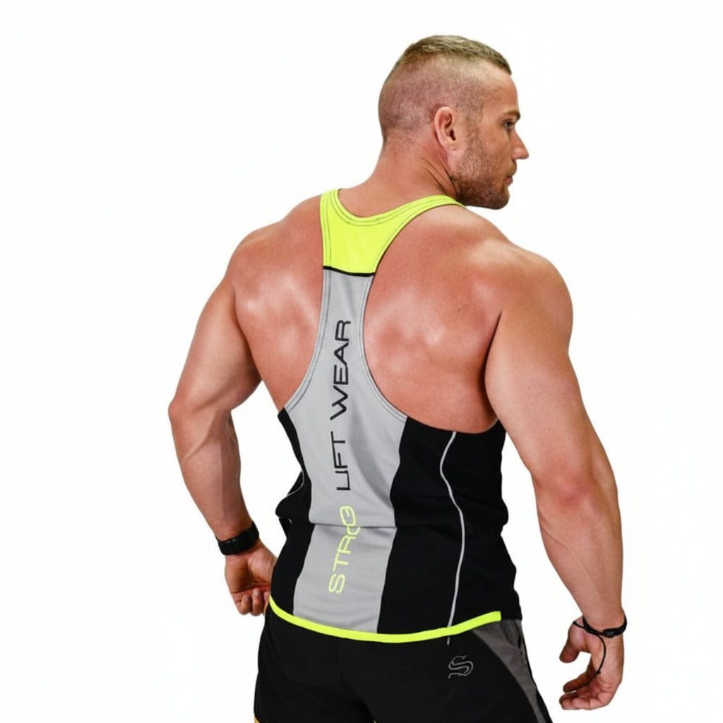 Man wearing a black and gray tank top with 'Lift Wear' branding on a white background