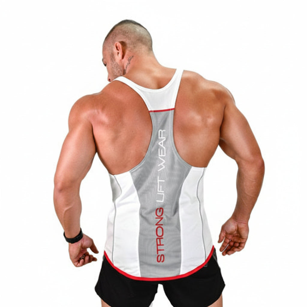 Man wearing a 'Strong Lift Wear' tank top with visible tattoos on a white background