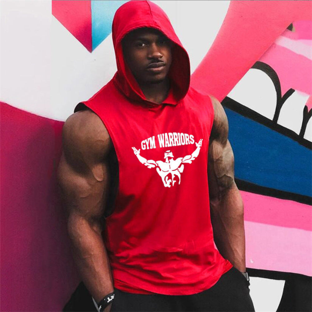 Person wearing a red 'Gym Warriors' sleeveless hoodie against a colorful abstract background