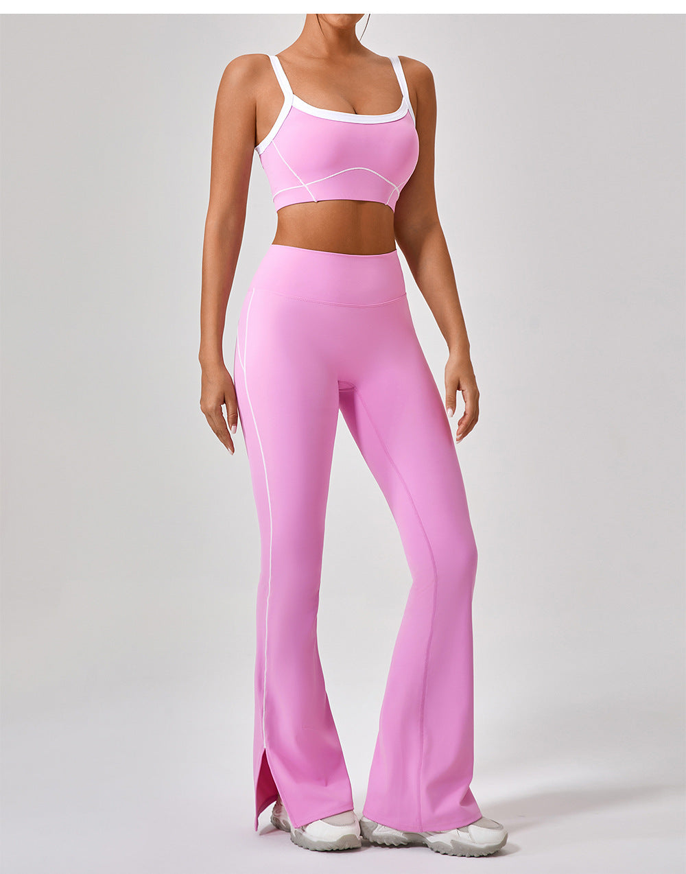 Premium Women's Yoga Fitness Set - Contrast Color Workout Outfit Pink Long