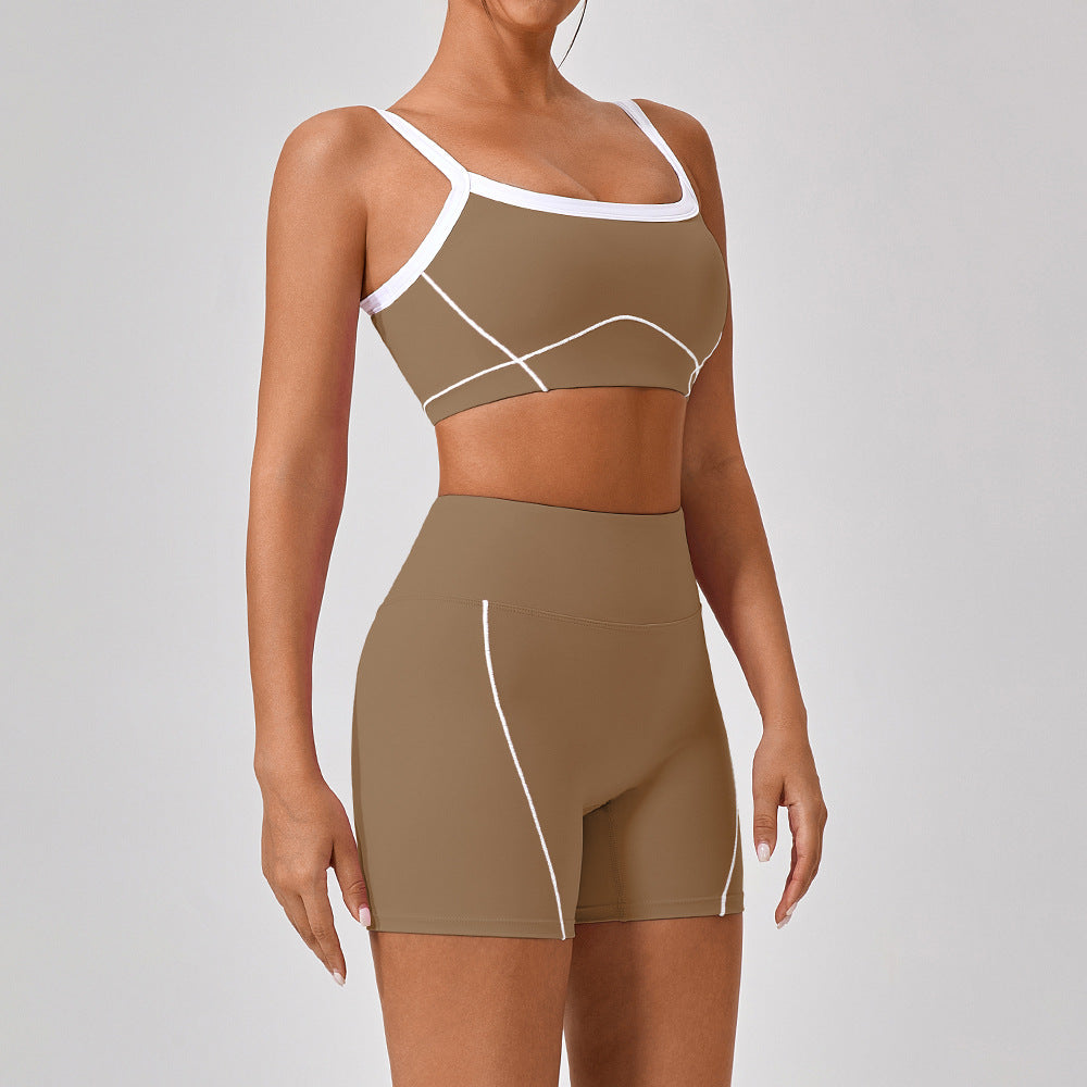 Premium Women's Yoga Fitness Set - Contrast Color Workout Outfit Dark Khaki Short