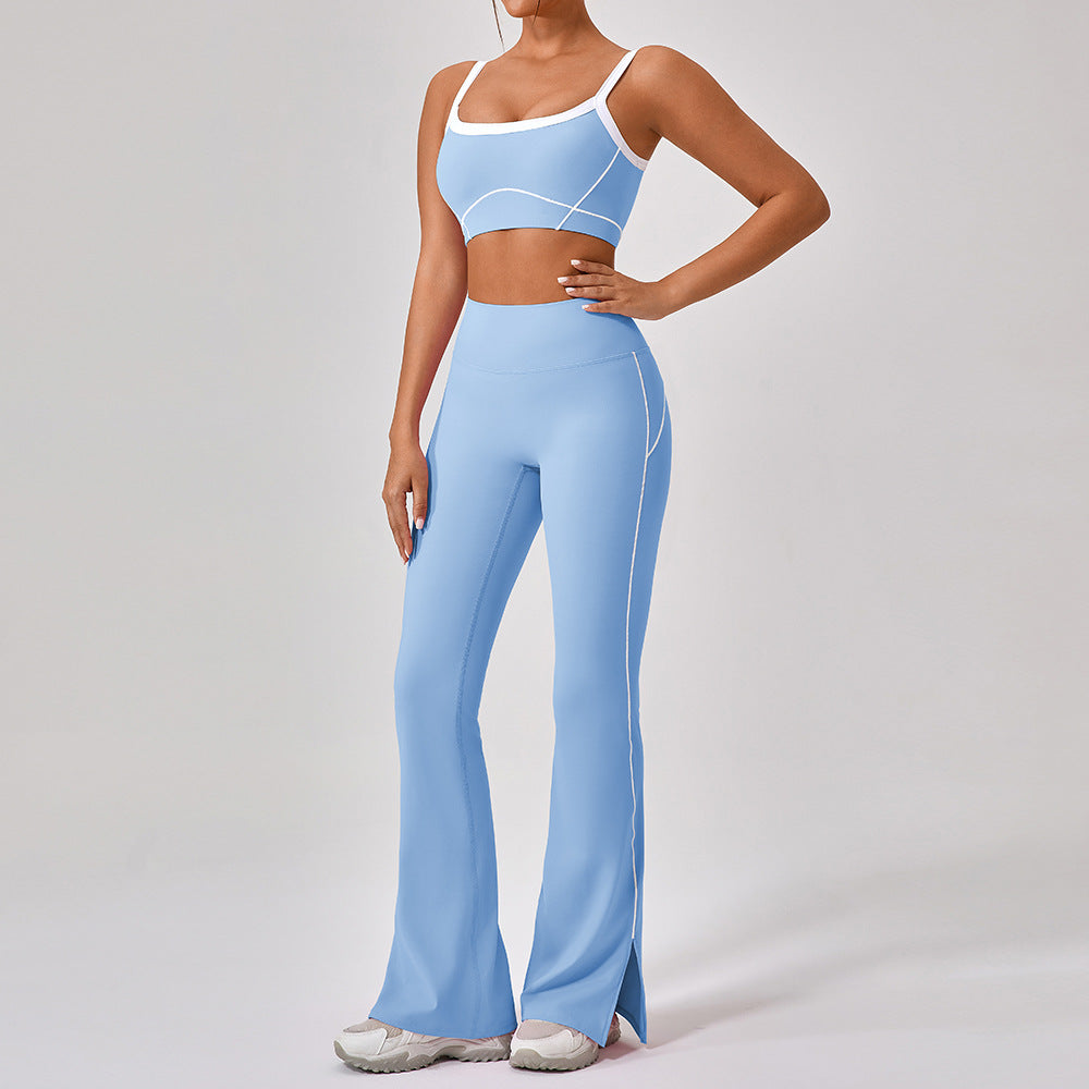 Premium Women's Yoga Fitness Set - Contrast Color Workout Outfit Water Blue Long